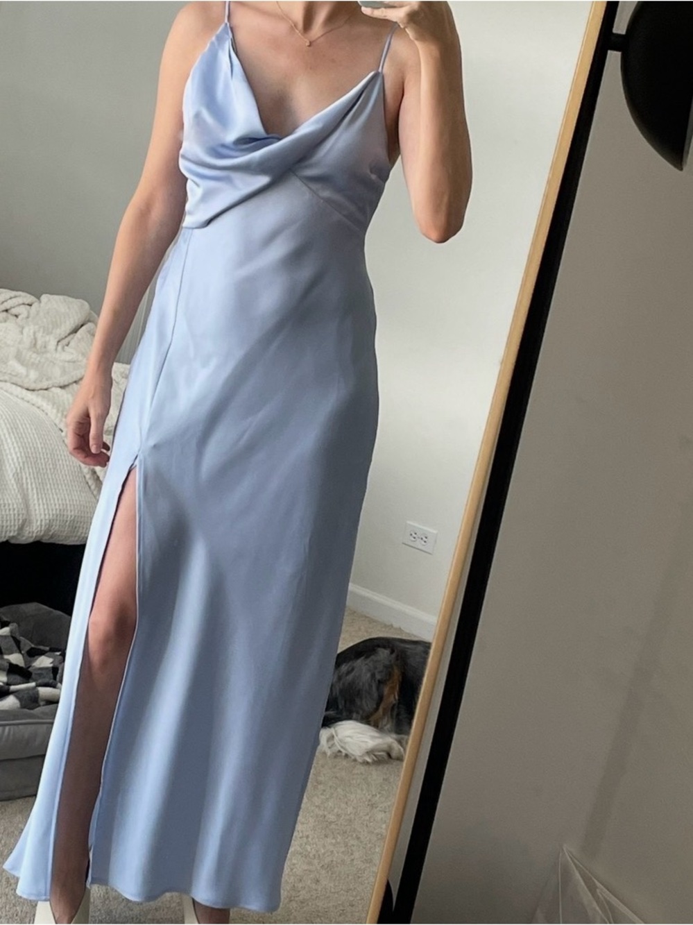Astr Satin Cowl Neck Maxi Dress in Light Blue with Thigh Slit